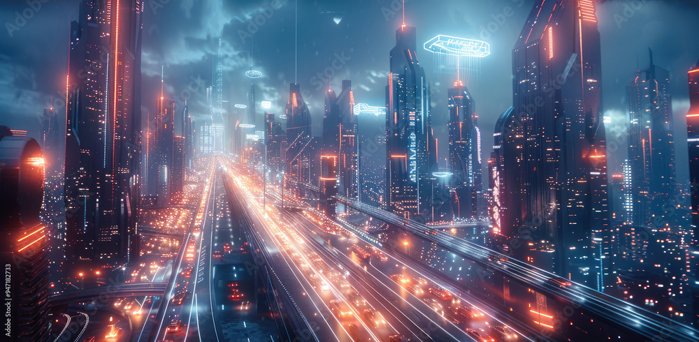 Poster a futuristic city with towering skyscrapers, neon lights, and floating holograms in the sky. the cit