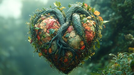 Obraz premium An artistic representation of the human heart made entirely of intertwined tree branches and leaves, signifying a connection to nature.