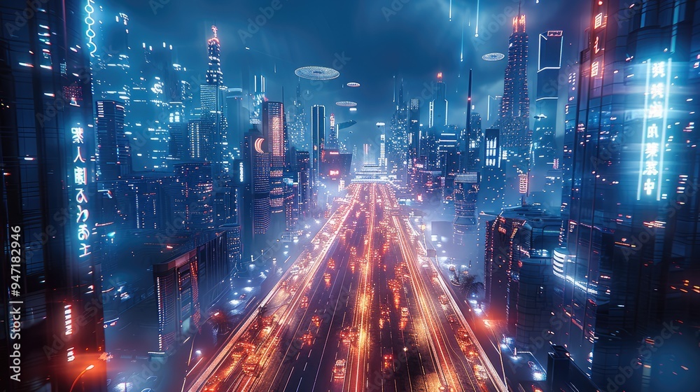 Poster a futuristic city with towering skyscrapers, neon lights, and floating holograms in the sky. the cit