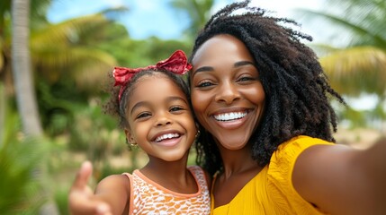 Happy mother and daughter taking a selfie in tropical location, smiling and enjoying the outdoors, palm trees in the background.