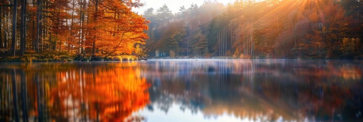 Fototapeta premium Autumnal Forest Sunrise Reflection in Water with Tilt-Shift Effect