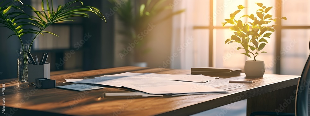 Poster Organized Professional Desk Setup with Documents and Blank Space for Copy