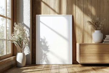 Poster Frame Mockup on Wooden Interior Background created with Generative AI