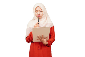 Asian girl holding clipboard with pen upward isolated transparent