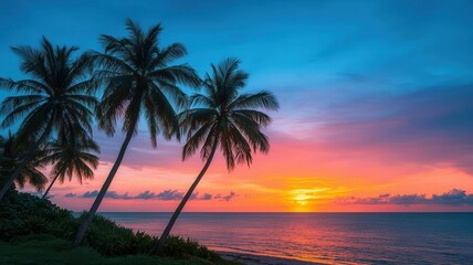 Fototapeta premium Dramatic sunset over a tropical coastline, palm trees silhouetted with bananas visible in the foreground, ocean breeze ruffling the scene, tropical sunset, paradise calm