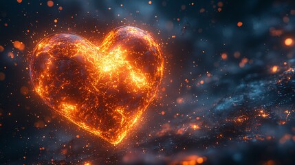 Obraz premium A human heart in a surreal landscape, floating in a dark starry sky with light beams radiating from it.