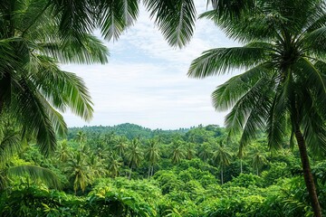 Obraz premium Idyllic tropical scene with palm trees and banana plants framing a verdant landscape, soft breezes rustling the lush greenery, natural splendor, peaceful retreat