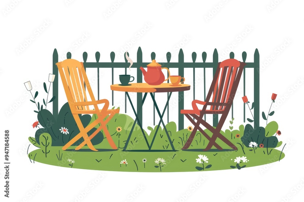 Poster a table with two chairs and a tea pot, great for any setting where a cozy atmosphere is desired