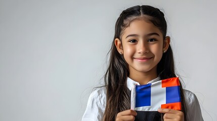 Paraguayan Schoolgirl Proudly Holding National Flag on White Background