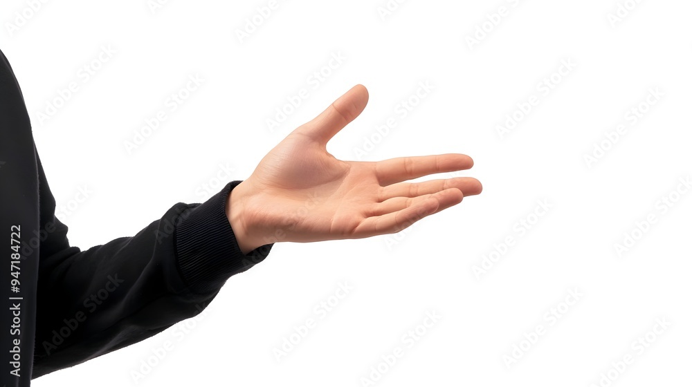 Poster person gesturing hands while explaining or presenting concept on white background
