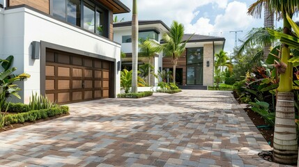 Modern Homes with Garage Door and Palm Trees in Sunny Florida