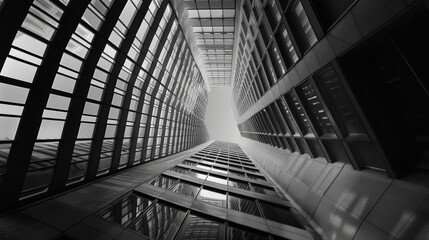 Fototapeta premium A black and white photograph of a tall building's silhouette against the sky