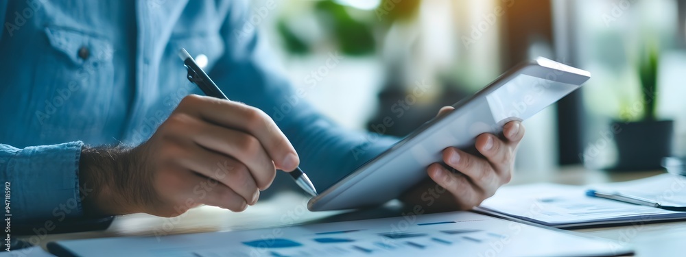 Poster professional working on a tablet with blank background