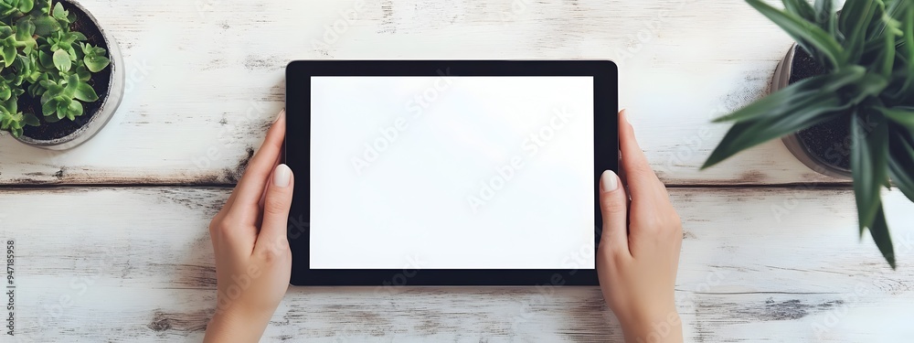 Poster professional working on tablet with blank background