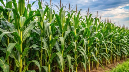 Obraz premium Rows of mature cornstalks in a field with green leaves rustling in the breeze, corn, cornfield, agriculture, crop, farming, rural