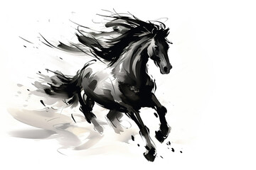 Watercolor painting of horse is running on a white background. Wildlife Animals.
