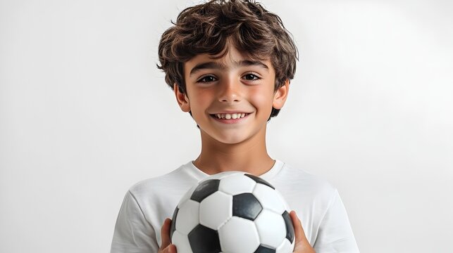 Proud Young Soccer Player Holding Ball on White Background