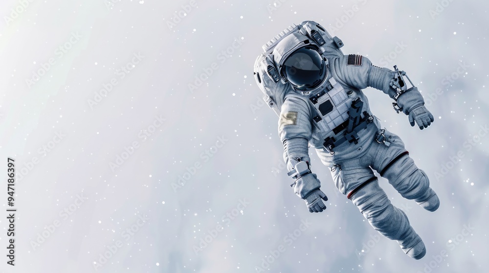 Aufkleber an astronaut floats in mid-air while wearing a space suit, with no apparent connection to the surrou