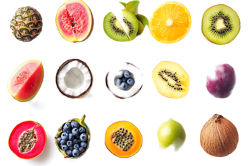 dragon fruit; macadamia; banana; watermelon; blueberries; papaya; coconut; pineapple; Indian Gooseberry; Carunda; plum; guava; kiwi; passionfruit isolated on transparent png