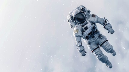 An astronaut floats in mid-air while wearing a space suit, with no apparent connection to the surrounding environment