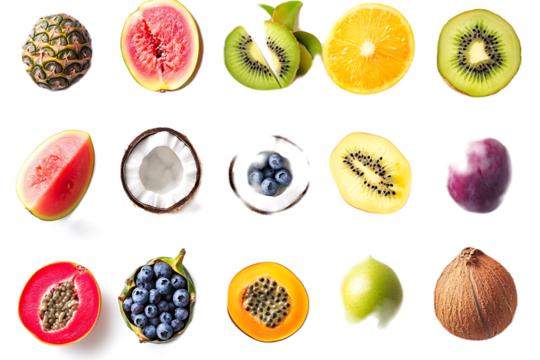 dragon fruit; macadamia; banana; watermelon; blueberries; papaya; coconut; pineapple; Indian Gooseberry; Carunda; plum; guava; kiwi; passionfruit isolated on transparent png