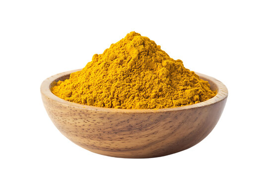 Turmeric (Curcuma) powder pile in wood bowl isolated on transparent png
