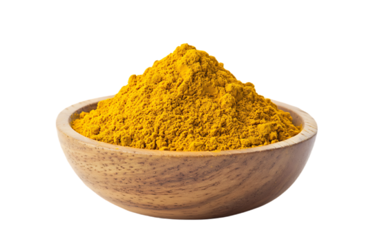 Turmeric (Curcuma) powder pile in wood bowl isolated on transparent png - Powered by Adobe
