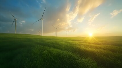 Renewable Energy Landscape with Wind Turbines and Sunrise over Grassy Field