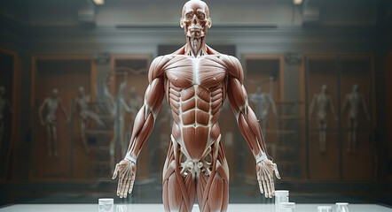 Muscular System with Skin Transparencies, A semi-transparent view of the human body, showing the muscular system beneath the skin for a detailed anatomical. Generative AI.