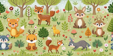 Naklejka premium Seamless pattern featuring cute woodland animals playing in the forest, woodland, animals, seamless, pattern, forest, cute, wildlife