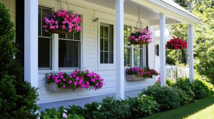 White Porch With Colorful Hanging Flower Baskets