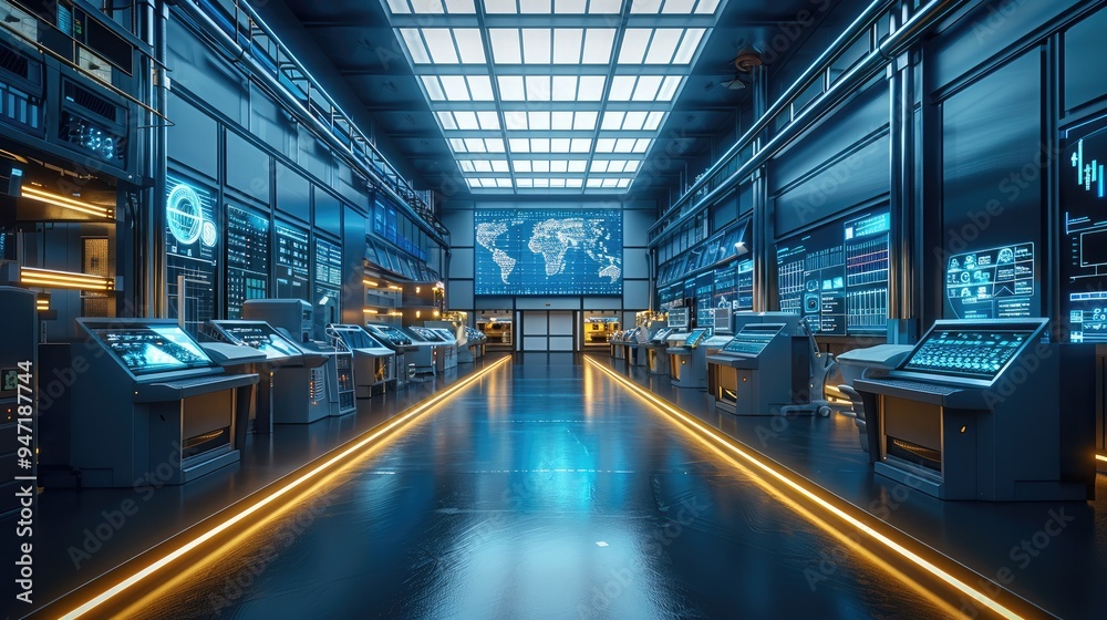 Poster A smart factory control room with advanced touchscreen interfaces and live data feeds. Generative AI.