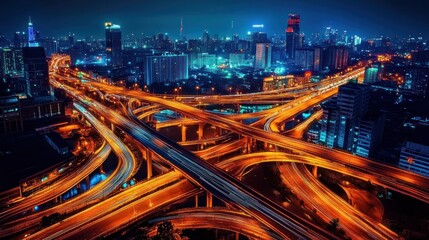 Obraz premium Night Cityscape with Highways and Light Trails