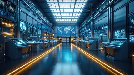 A smart factory control room with advanced touchscreen interfaces and live data feeds. Generative AI.