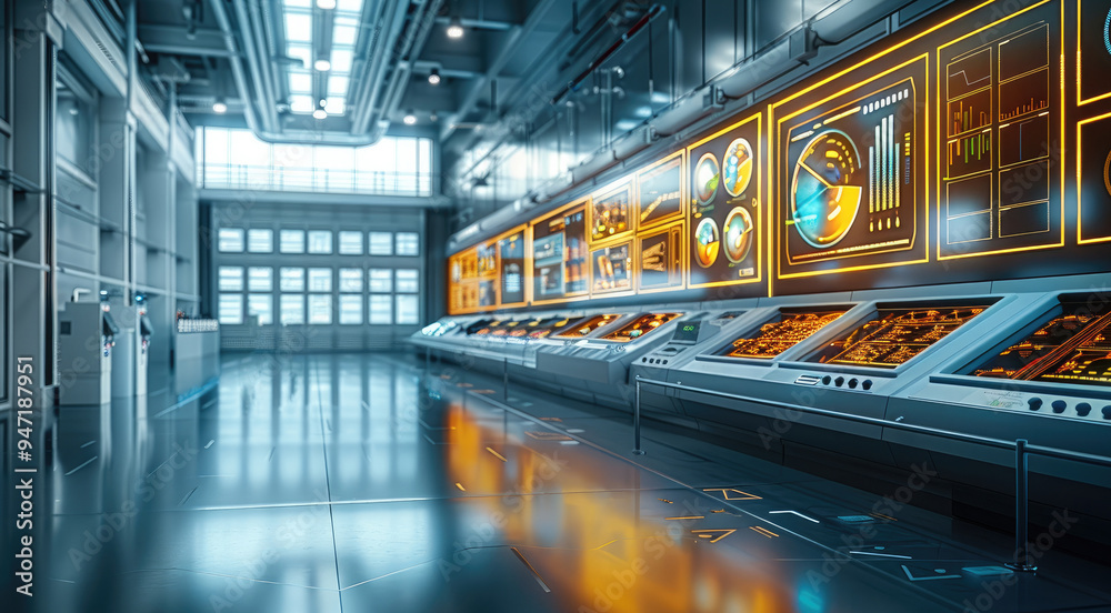 Poster A smart factory control room with advanced touchscreen interfaces and live data feeds. Generative AI.