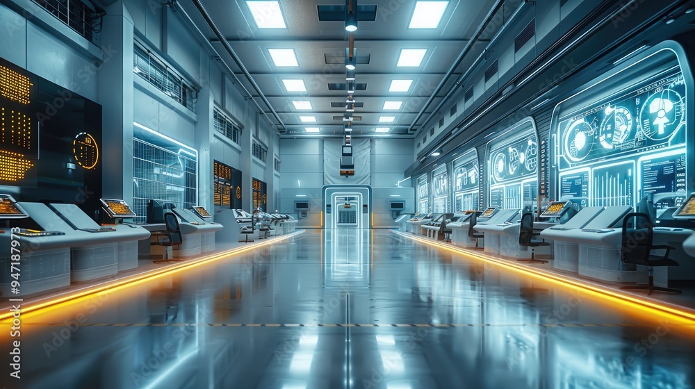 Poster A smart factory control room with advanced touchscreen interfaces and live data feeds. Generative AI.