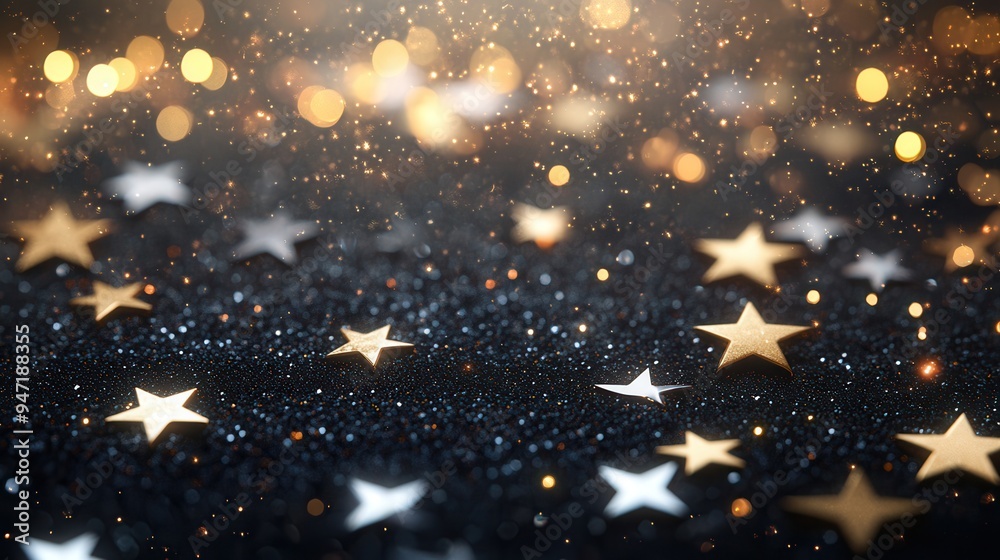 Poster Shimmering stars in various sizes float against a dark backdrop, enhancing a sense of wonder and beauty with their golden hue. Generative AI