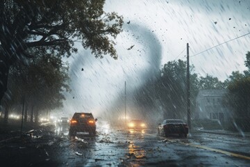 Capture a scene of intense weather, such as a powerful storm or hurricane, with visible destruction and heavy rain. 