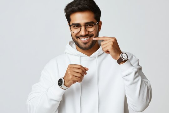 Capture a young South Asian man with a sleek, modern tech gadget, such as a smartphone or smartwatch. He should be engaged with the device, with a smile that conveys satisfaction and enthusiasm.