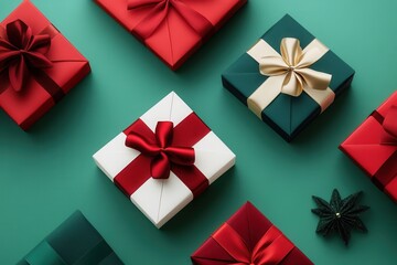 Brightly wrapped Christmas gift boxes showcase geometric designs and vibrant ribbons, adding festive cheer to the holiday atmosphere. Generative AI