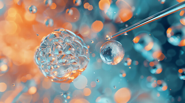 Close-up of a pipette injecting fluid into a cell under a microscope