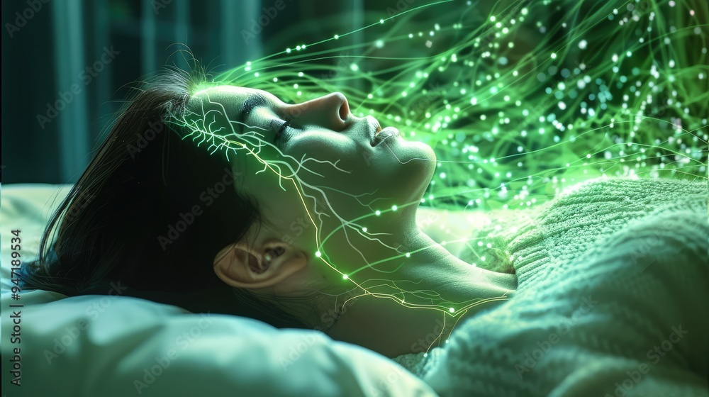 Poster a woman lying down with their mind connected to a digital network via glowing green wires. above the