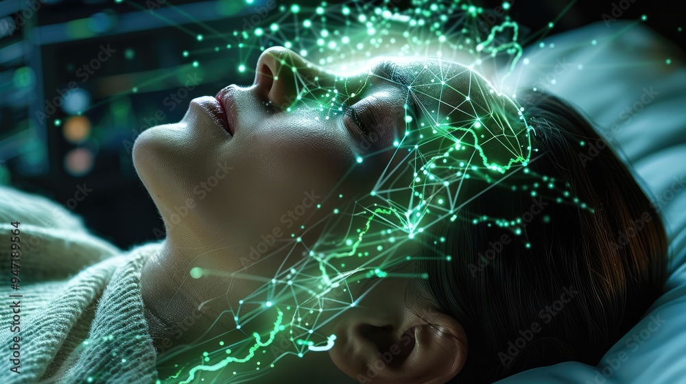 Poster a woman lying down with their mind connected to a digital network via glowing green wires. above the