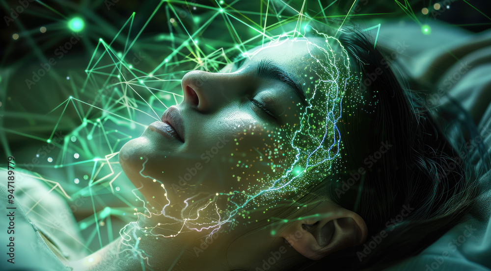 Leinwandbilder a woman lying down with their mind connected to a digital network via glowing green wires. above the
