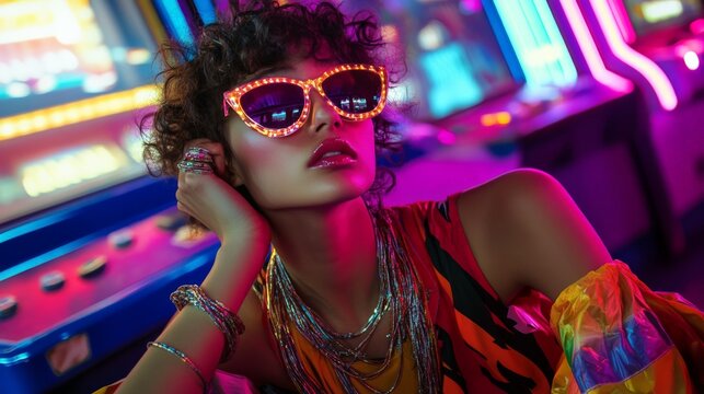 Stylish woman in neon-inspired fashion with glowing sunglasses poses confidently at an arcade, embracing retro vibes and colorful lights. - Powered by Adobe