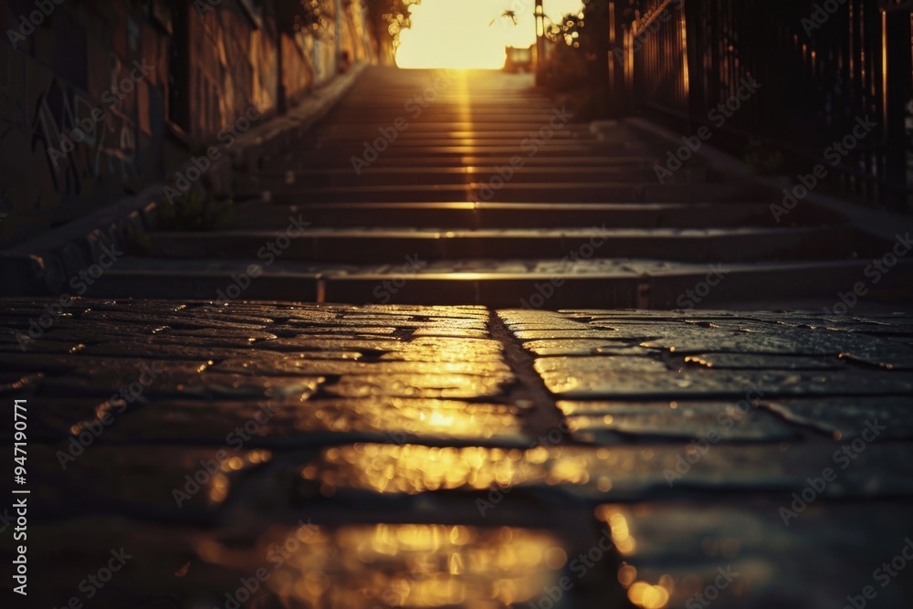 Poster a scenic view of a cobblestone street as the sun sets, perfect for use in travel or architecture pho
