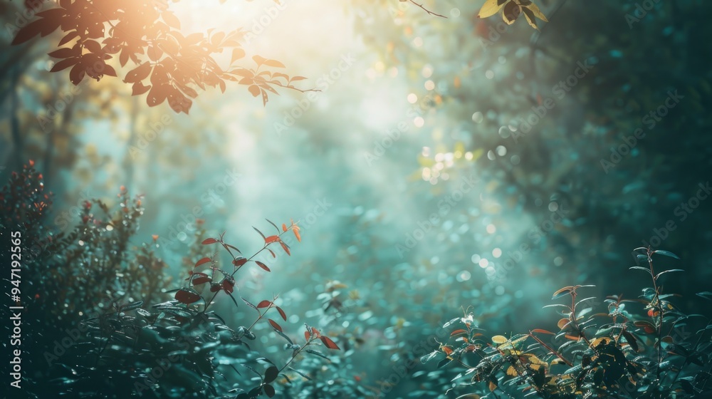 Poster trees with sunlight shining through leaves in a forest environment
