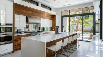 Modern Kitchen with Island and Large Window Views