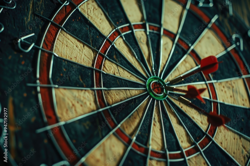 Aufkleber A close-up view of a dart stuck in the center of a dartboard, ideal for use in illustrations or graphics related to games, sports, or leisure activities