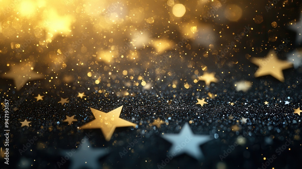 Poster Sparkling gold stars of different sizes twinkle in a minimalist design, evoking a sense of wonder and enchantment at night. Generative AI
